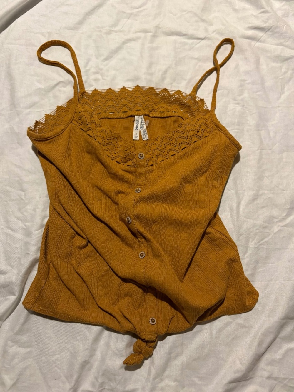 Mudd Vintage Y2K Boho Ribbed Cami Tank Top Lace Trim Mustard Yellow Small